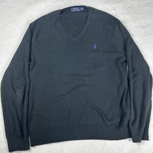 Polo Ralph Lauren Sweater Mens Medium Black V Neck Pima Cotton Knit Purple Pony